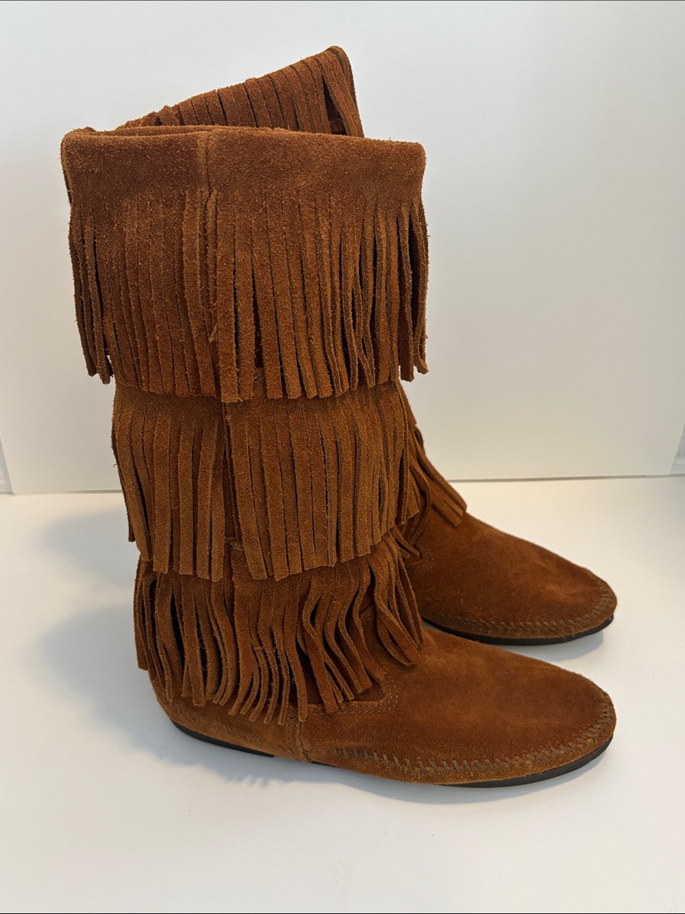 FINAL! Minnetonka Triple Fringe Suede Moccasins - Chestnut Brown